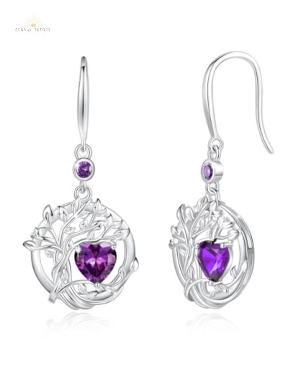 Tree of Life Dangle Birthstone Earrings Sterling Silver White Gold Plated